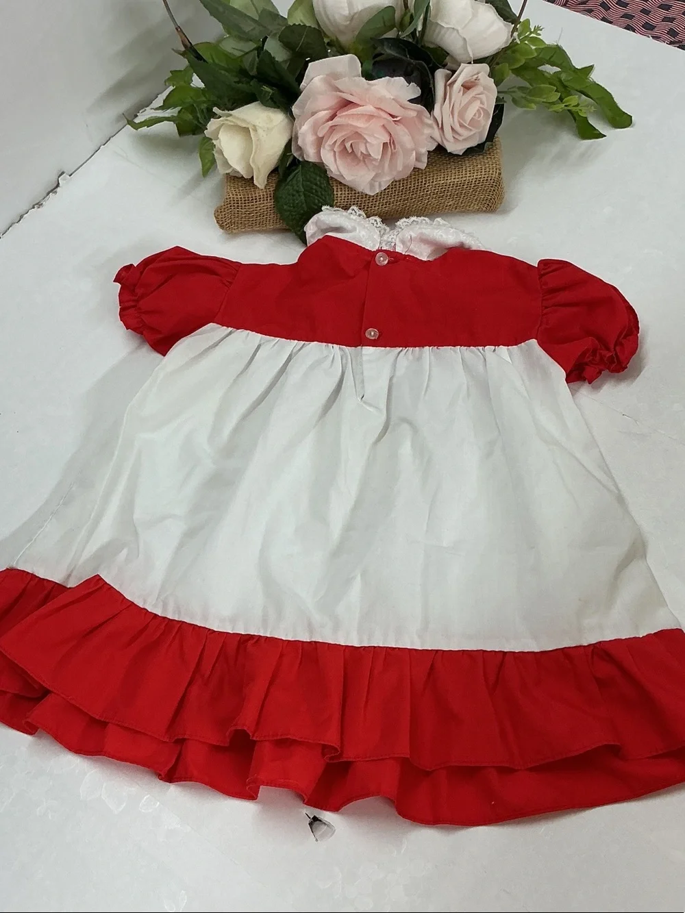 Vintage Red & White Puff Sleeve Baby Dress with Peter Pan Collar